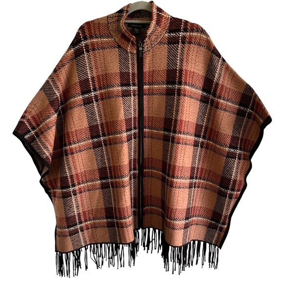Tahari Plaid Knit Zip-Up Poncho Cape Fringe Brown Black Women’s 2X 3X Plus Size - Picture 5 of 11